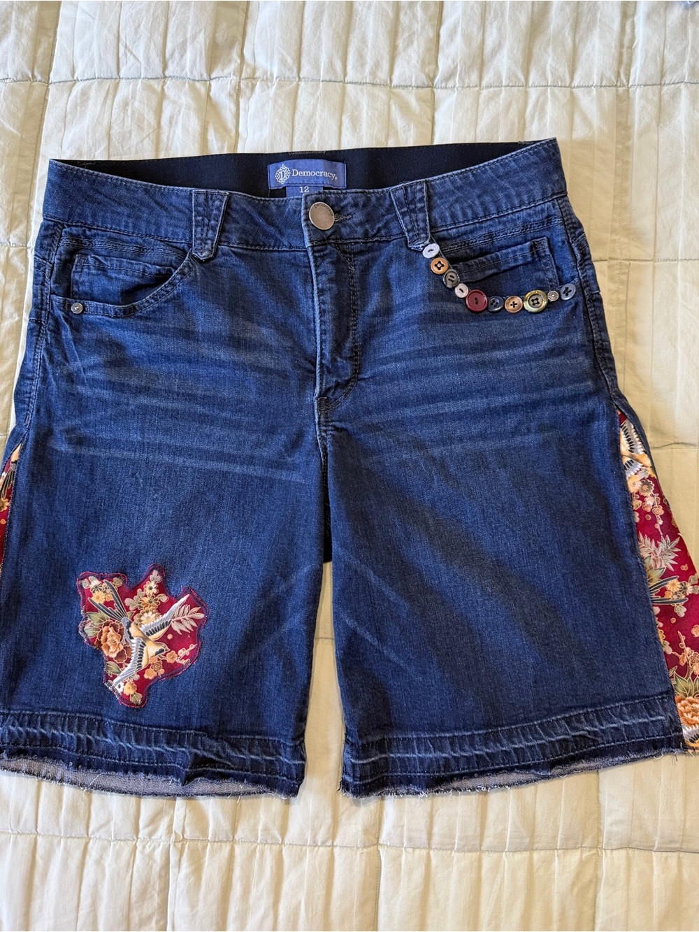 Upcycled Democracy Dark Blue Denim Shorts with Floral Side Panels